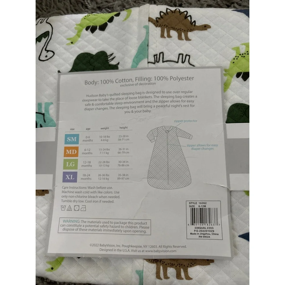 Hudson Baby Dinosaur Quilted Long Sleeve Sleeping Bag Wearable Blanket 6-12M